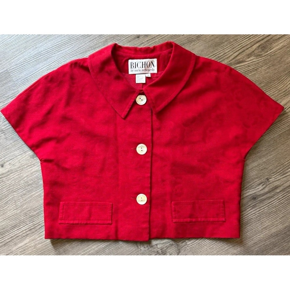 Retro Vintage Red Cropped Jacket Short Sleeve Big Button  w/ Pockets